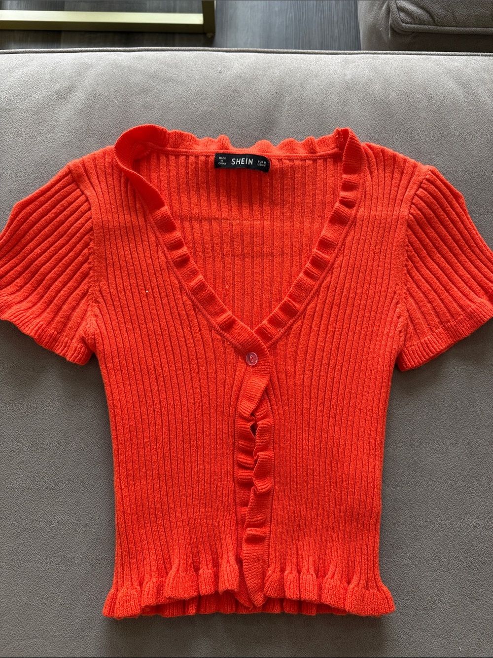 SHEIN Bright Orange Ribbed V-Neck Short Sleeve Cardigan with Ruffle Trim